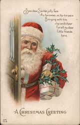 A Christmas Greeting See Dear Santa's Jolly Face, As He Comes On Tip-Toe Pace Postcard