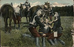 Helping a French Cavalryman wounded at St. Quentin  (WWI card sent during WWII) Postcard