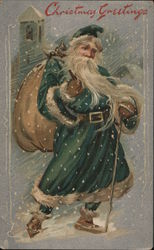 Christmas Greetings - Santa in Green Suit Santa Claus Postcard Postcard Postcard