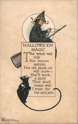 Hallowe'en Magic The Witch Will Ride Her Broom Astride, Her Old Black Cat Will Mew She'll Work a Spell Halloween Postcard Postca Postcard