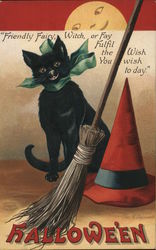 Halloween - Black Cat, Witch Broom and Hat Postcard