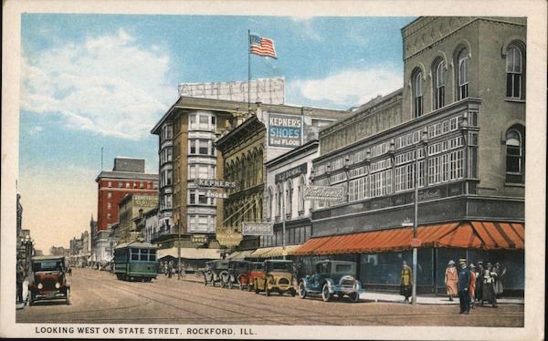 Looking West on State Street Rockford, IL Postcard